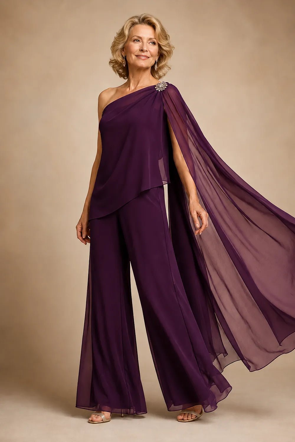 One-Shoulder Chiffon Pant Suit