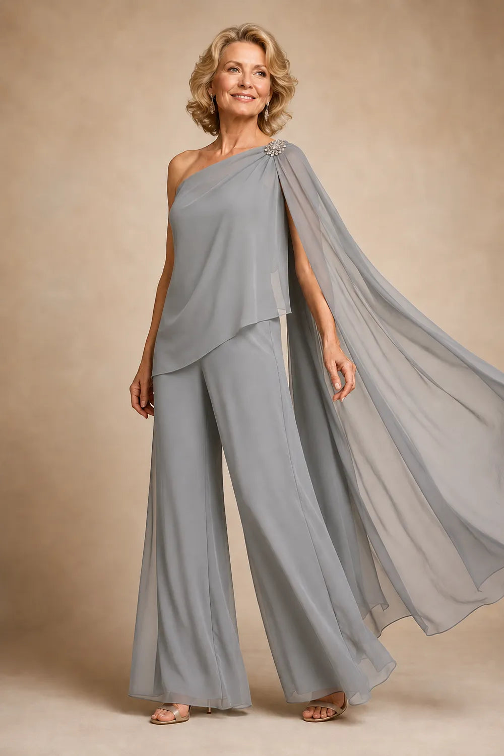 One-Shoulder Chiffon Pant Suit