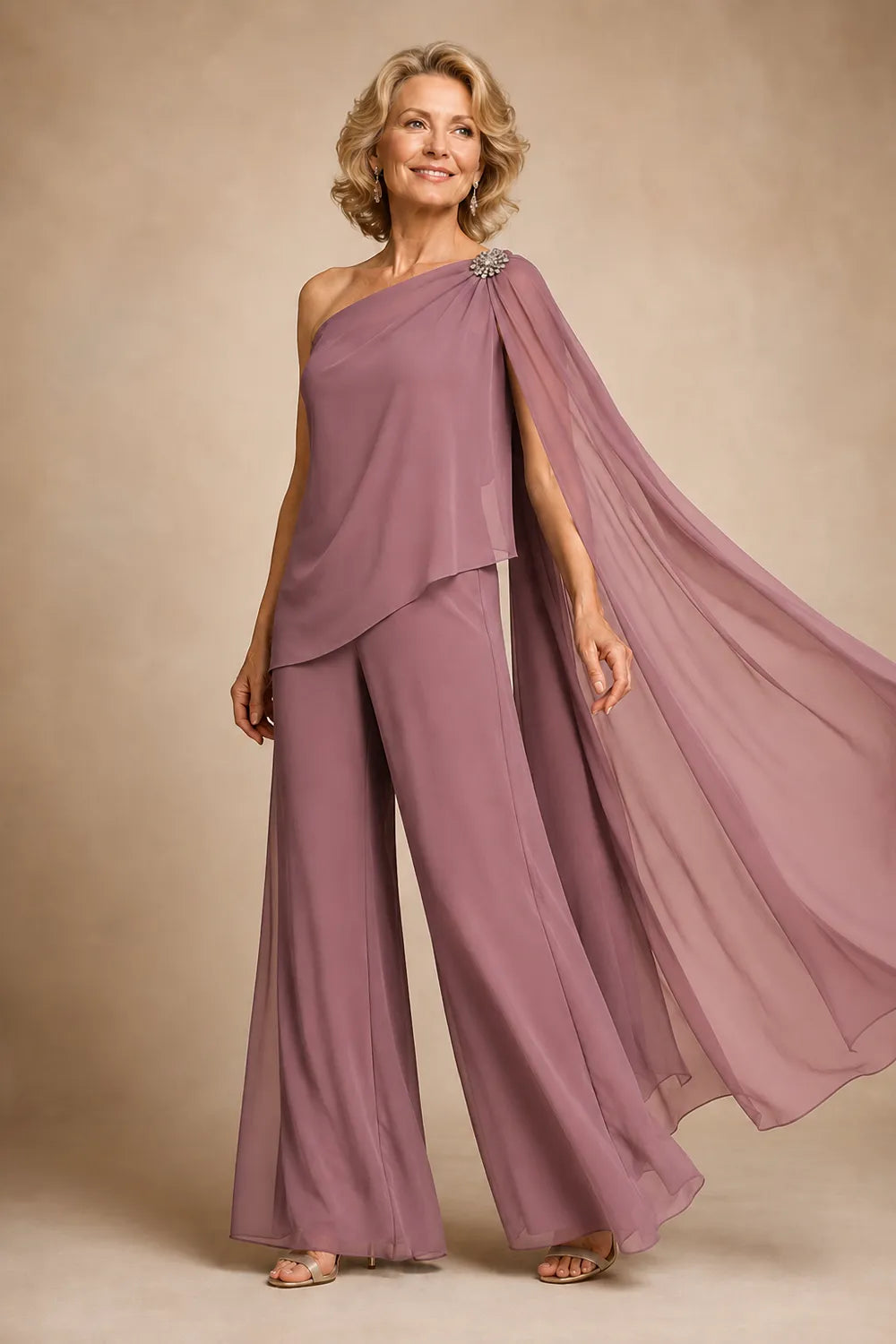 One-Shoulder Chiffon Pant Suit