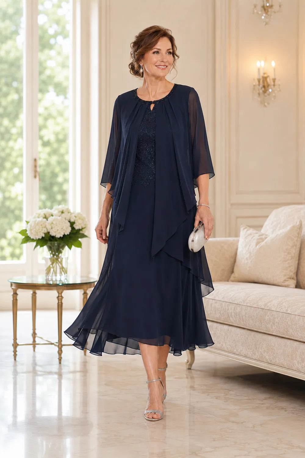 Evelora Lace-Inset Cape Overlay Dress