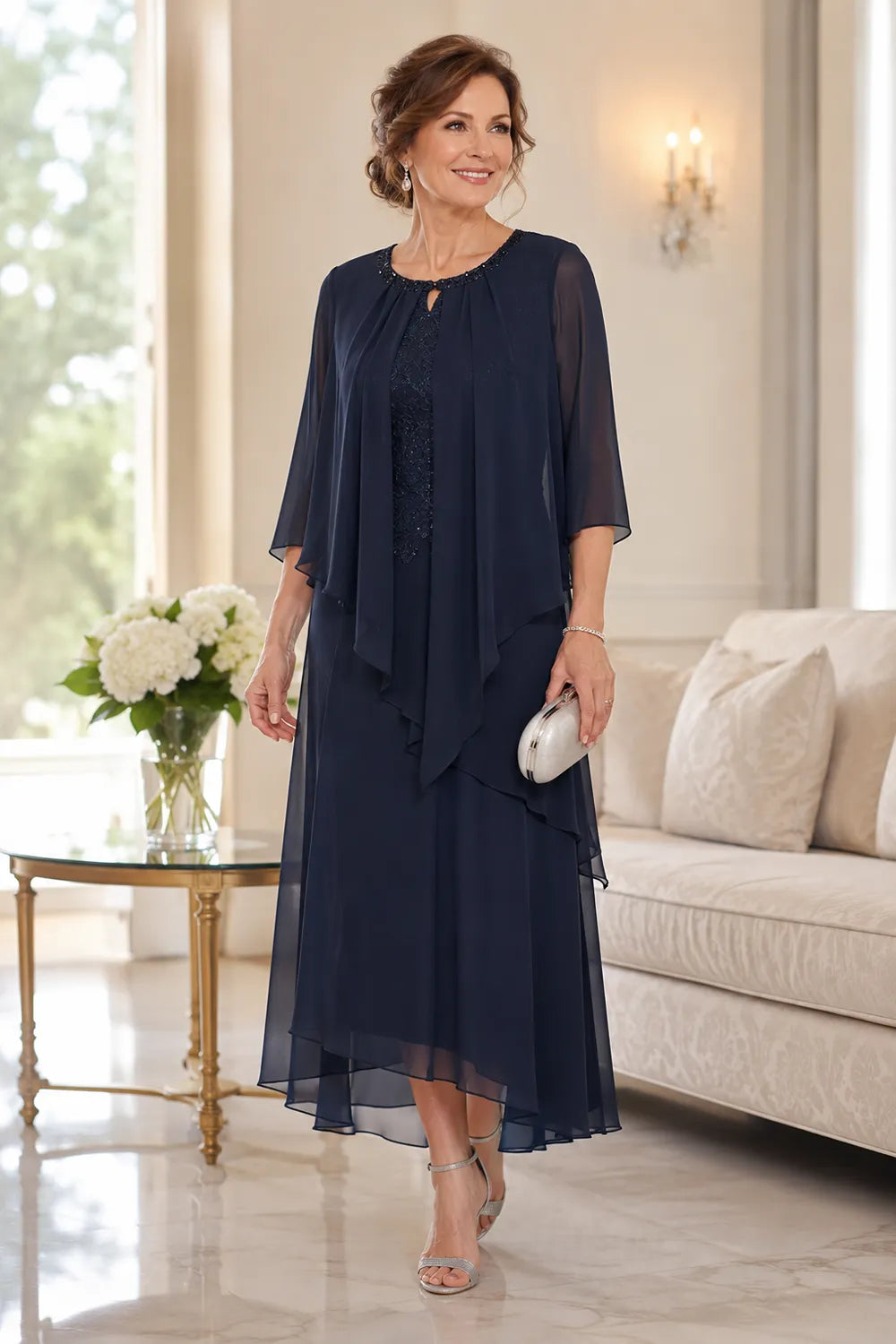 Evelora Lace-Inset Cape Overlay Dress