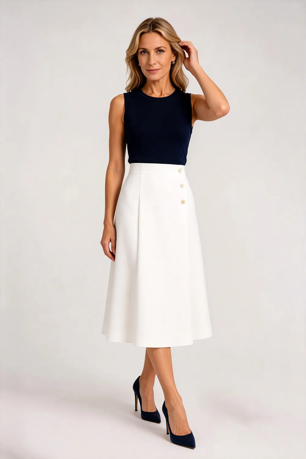 Sleeveless Midi Formal Dress with Button Detail