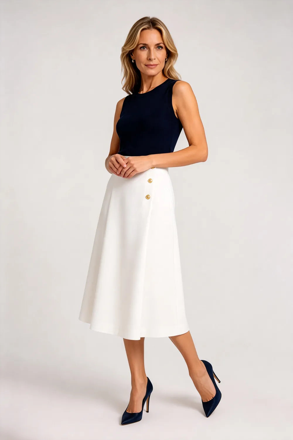 Sleeveless Midi Formal Dress with Button Detail