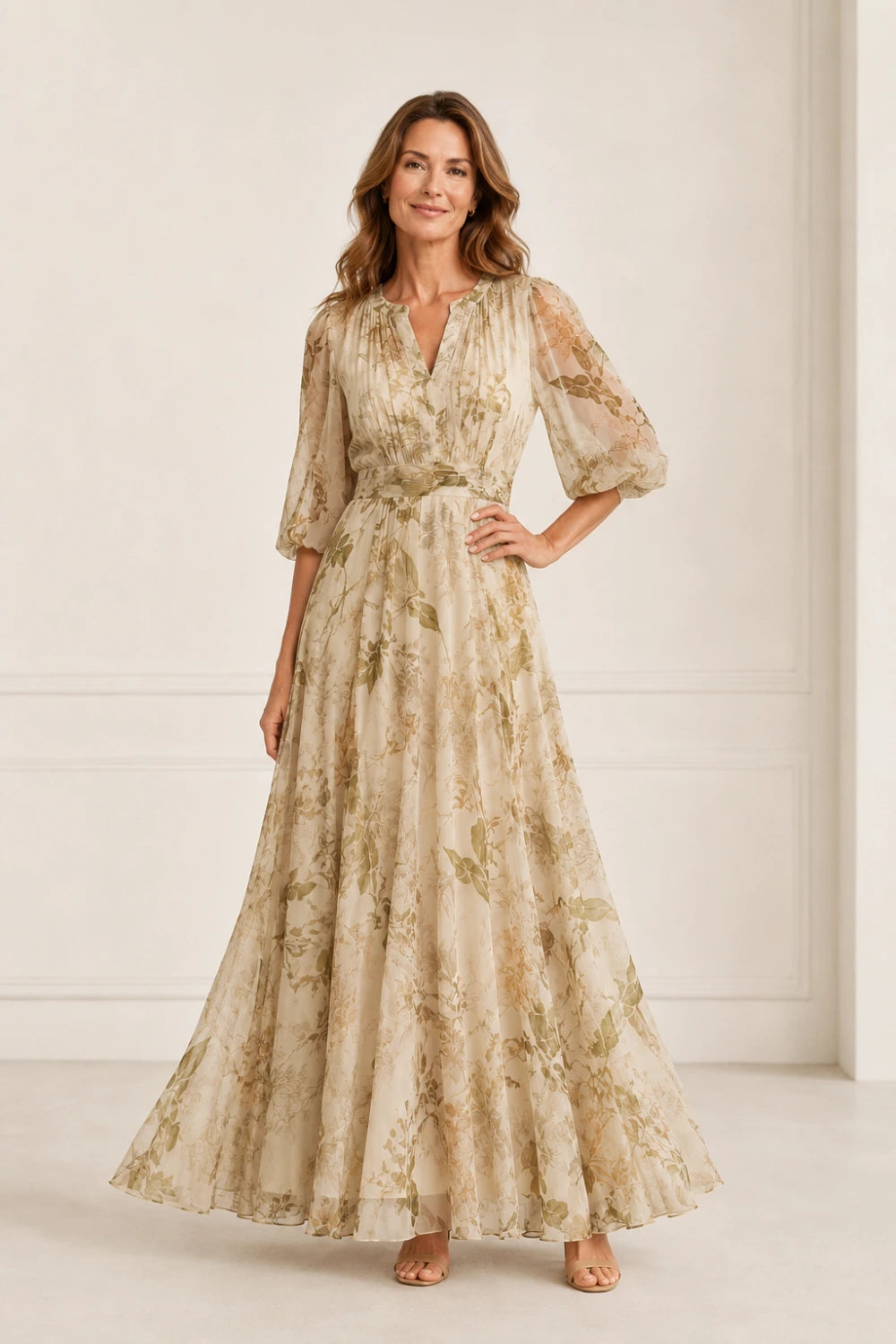 Champagne Botanical Tie-Waist Chiffon Maxi Dress