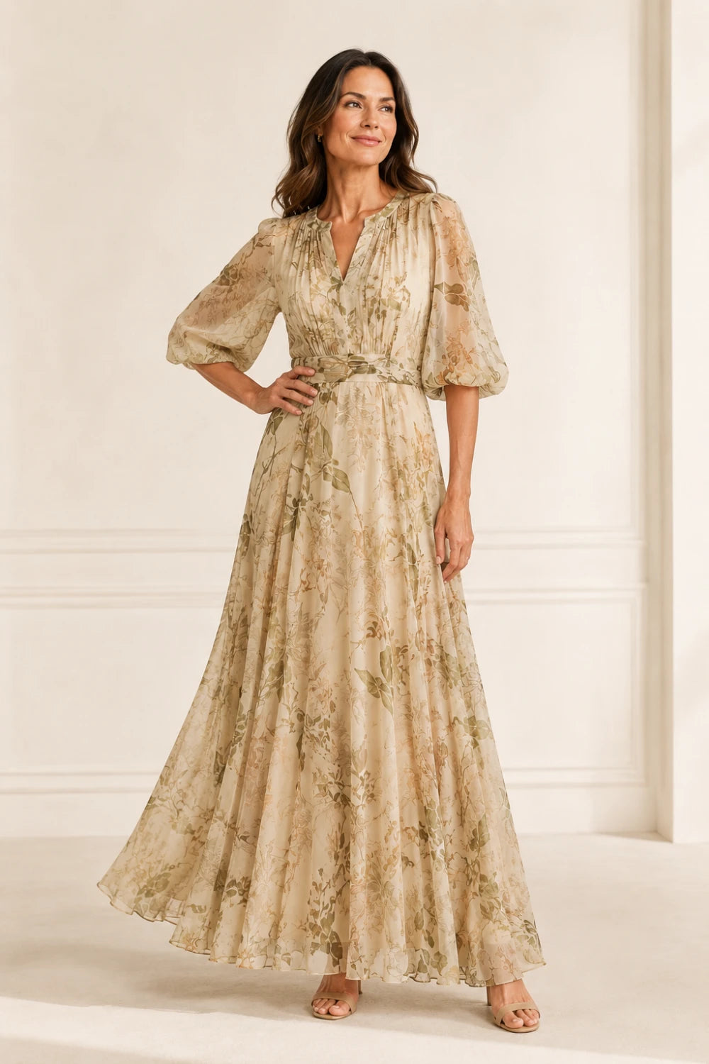 Champagne Botanical Tie-Waist Chiffon Maxi Dress