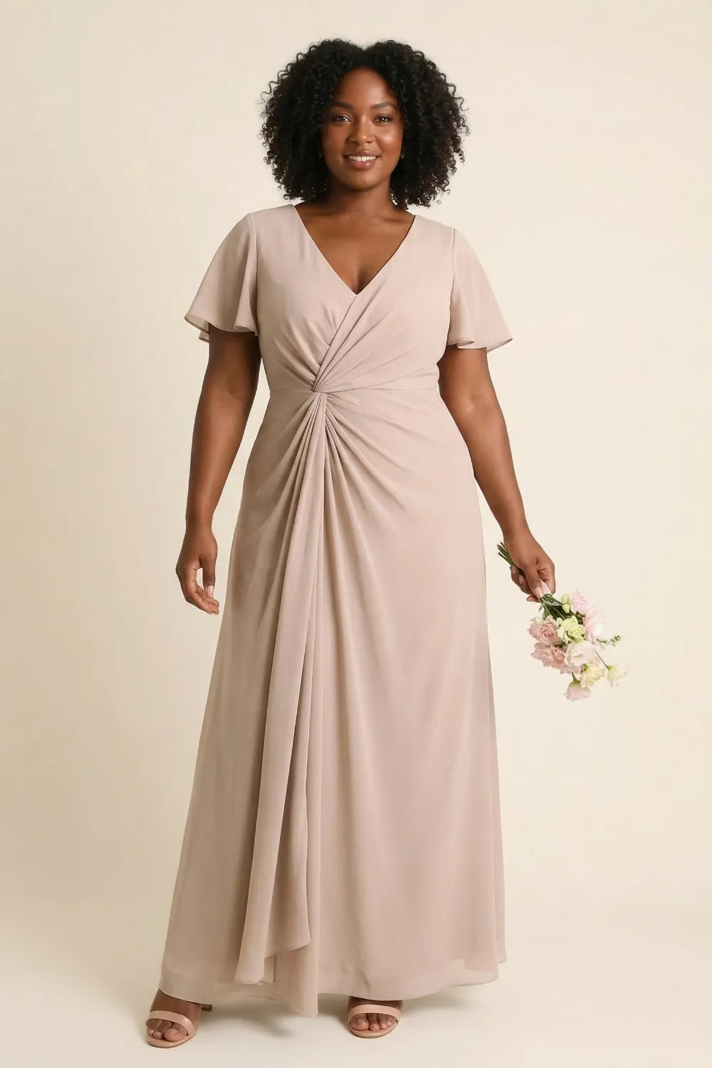 Aurora Ruched V-Neck Chiffon Maxi Dress