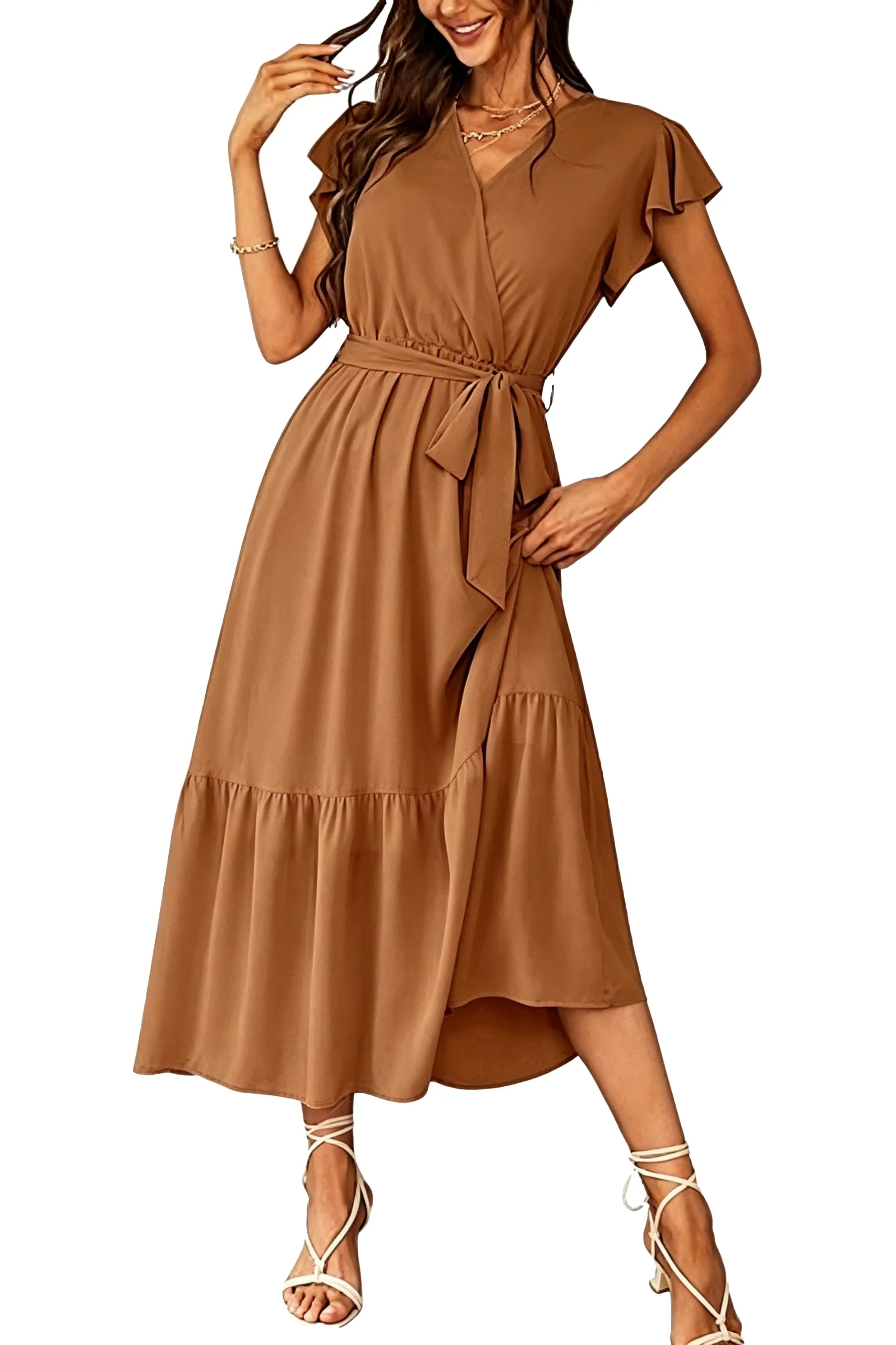 Flowy A-Line Chiffon Ruffle Hem Midi Dress
