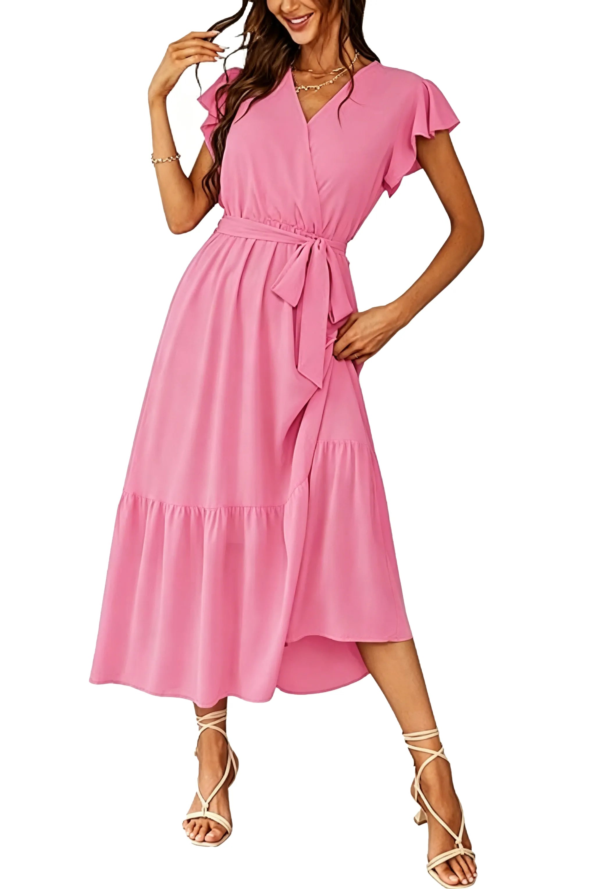 Flowy A-Line Chiffon Ruffle Hem Midi Dress