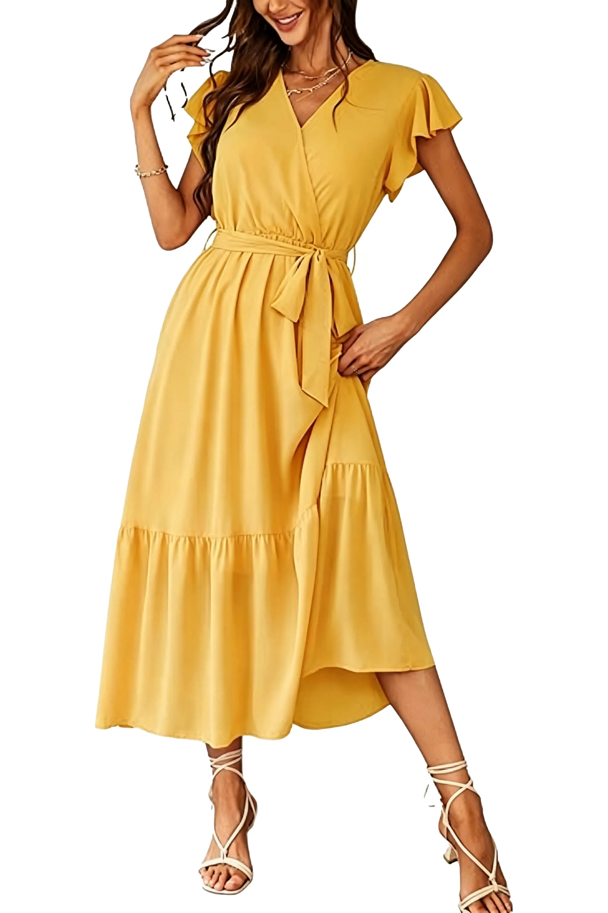 Flowy A-Line Chiffon Ruffle Hem Midi Dress