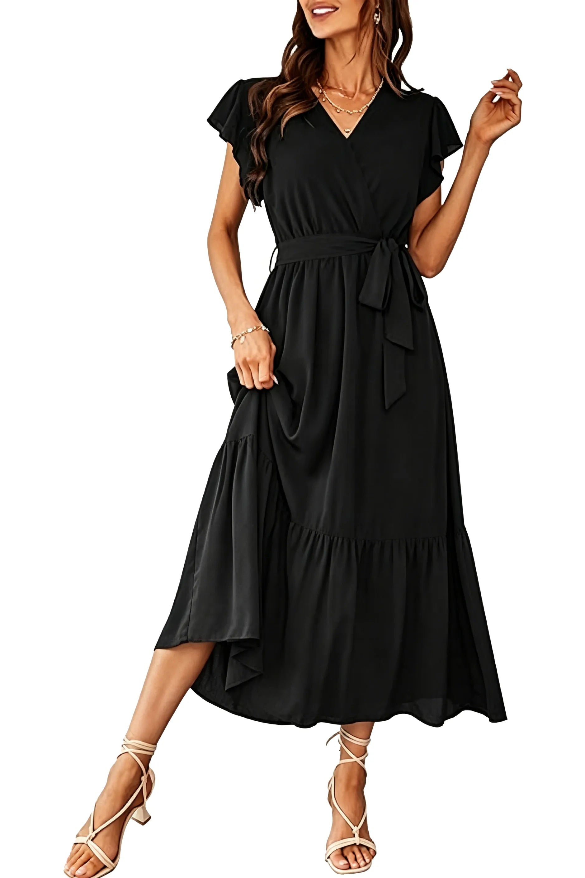 Flowy A-Line Chiffon Ruffle Hem Midi Dress