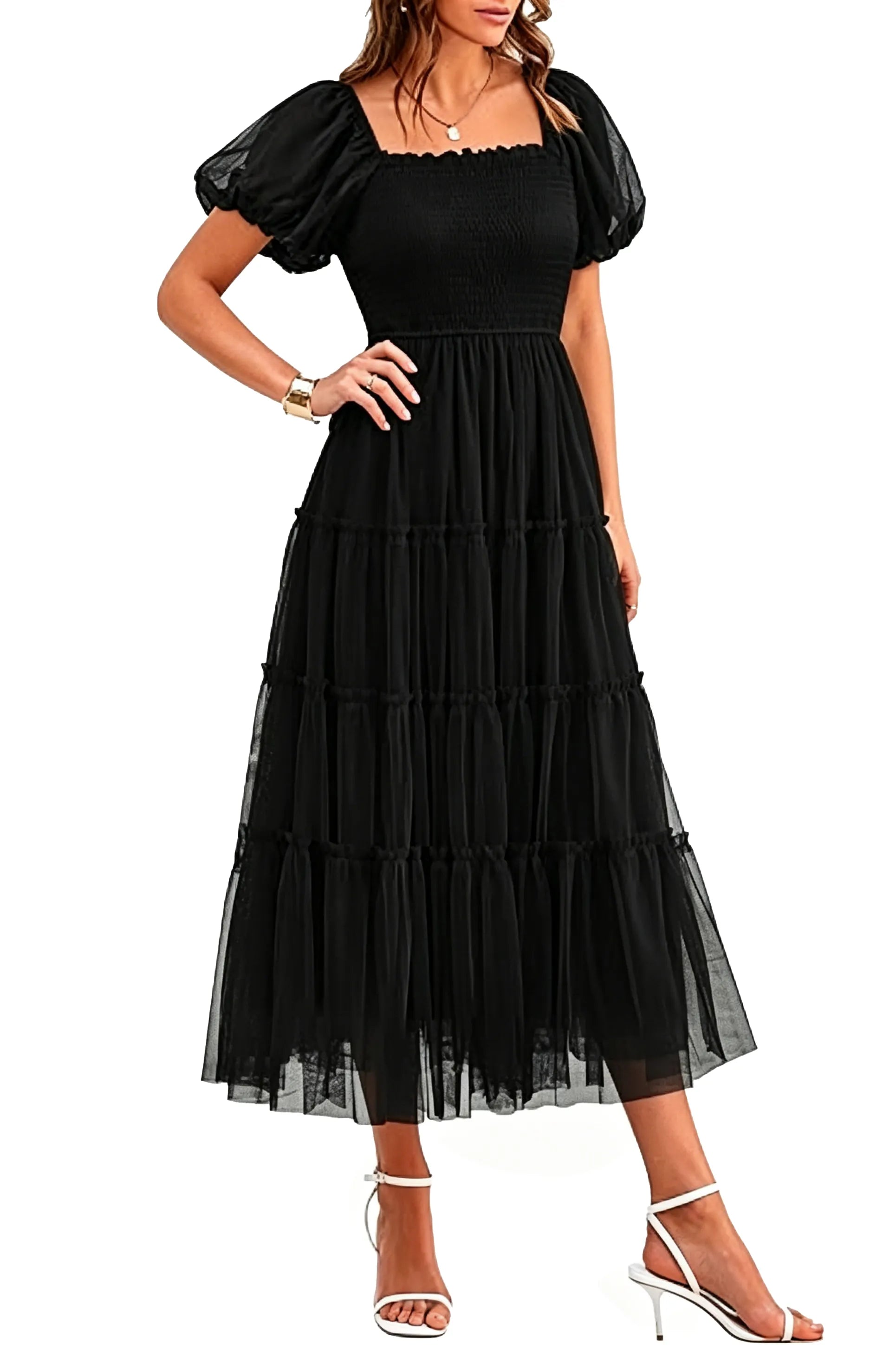 Fit and Flare Puff Sleeve Formal Dress