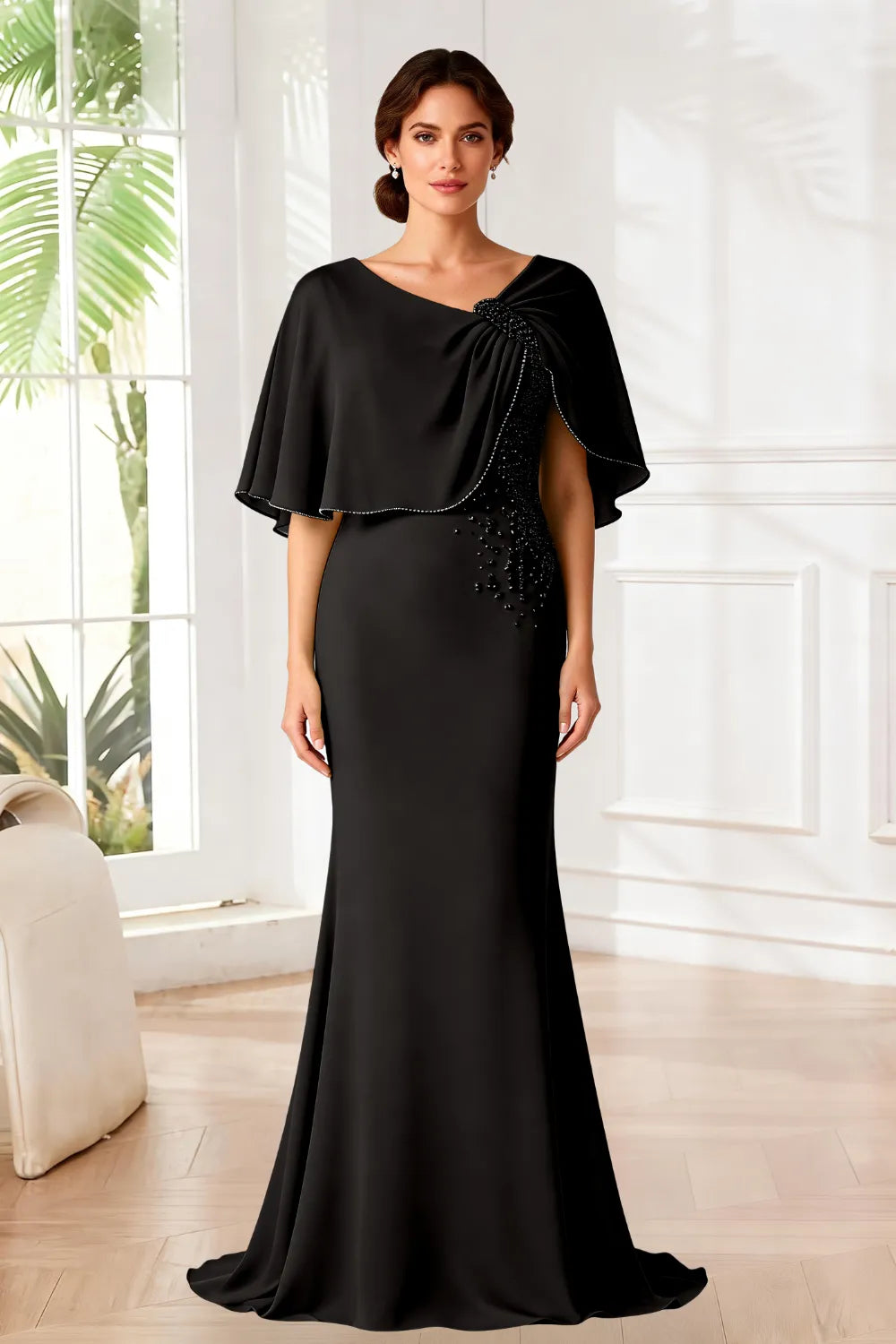 Elara Beaded Cape Mermaid Evening Gown