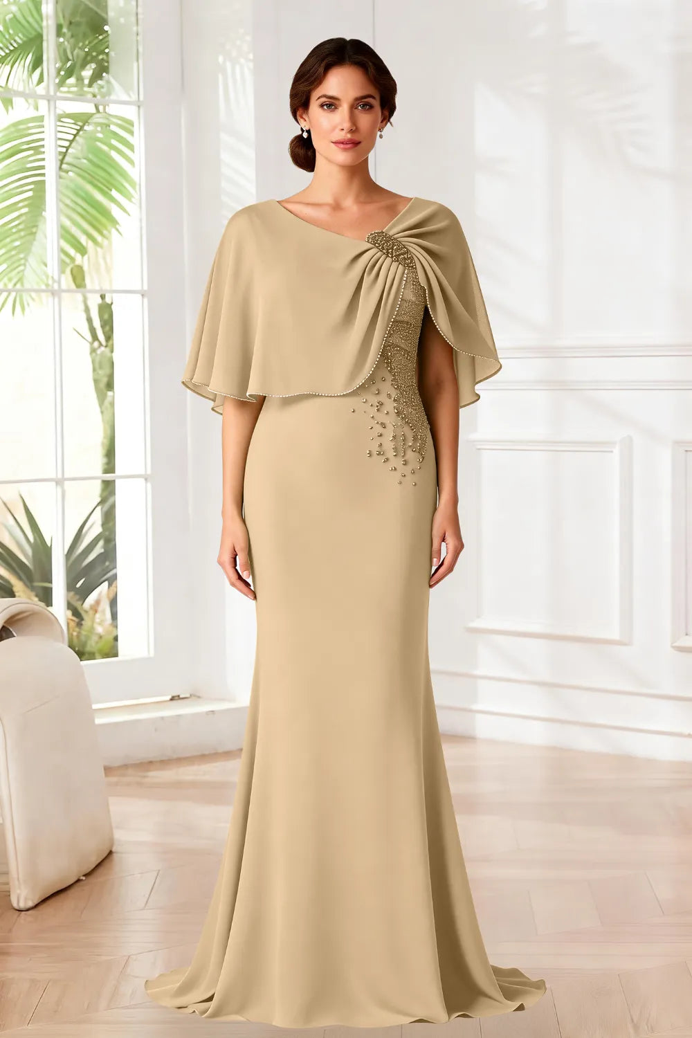 Elara Beaded Cape Mermaid Evening Gown