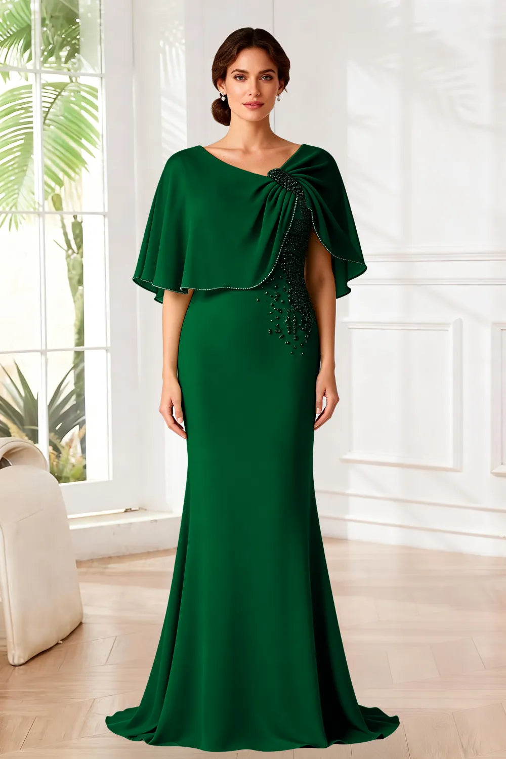 Elara Beaded Cape Mermaid Evening Gown