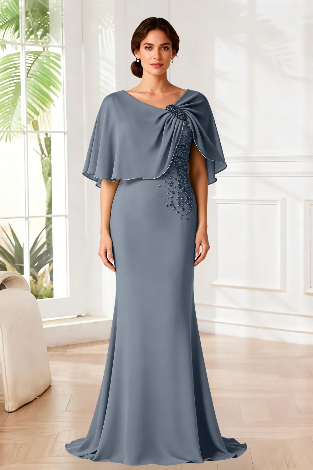 Elara Beaded Cape Mermaid Evening Gown