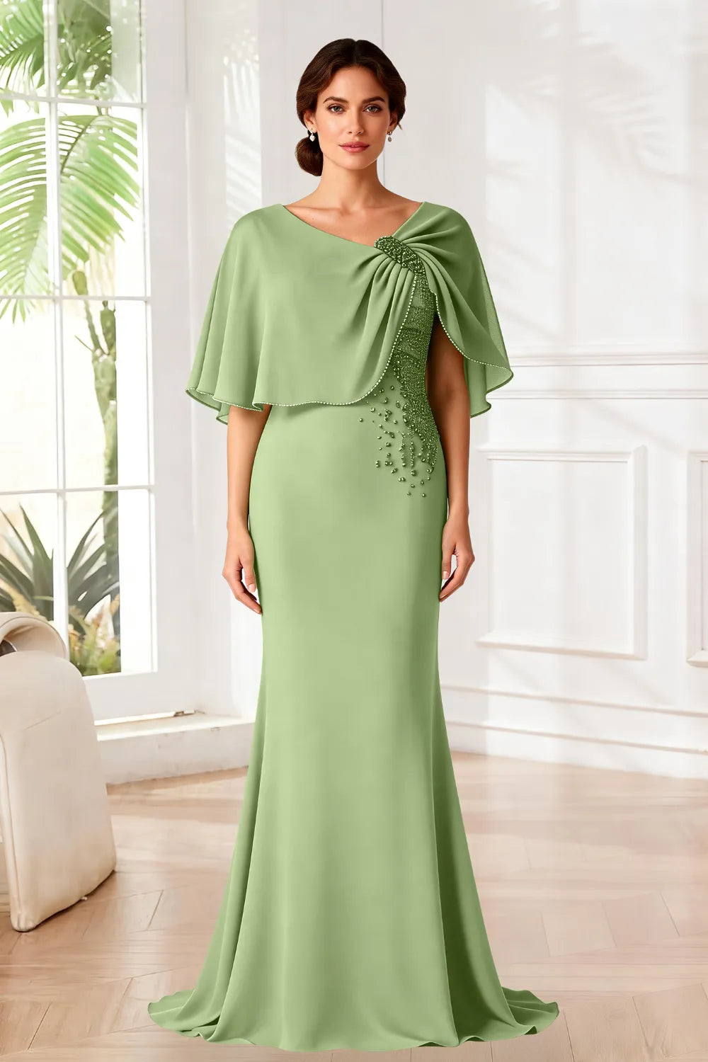 Elara Beaded Cape Mermaid Evening Gown
