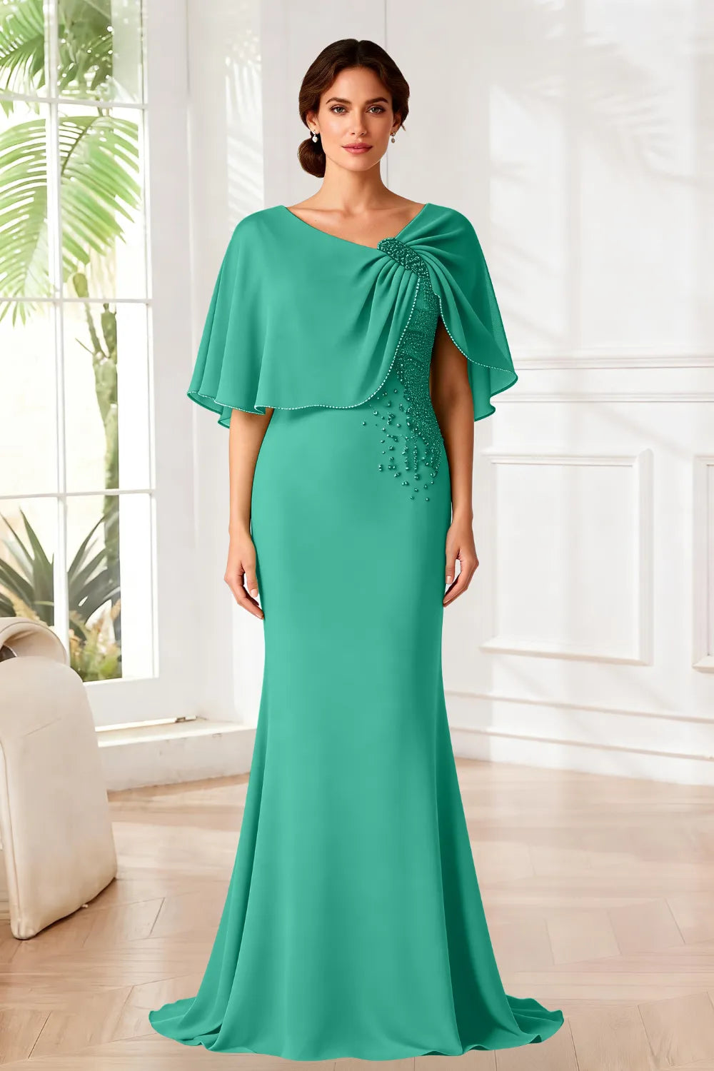 Elara Beaded Cape Mermaid Evening Gown