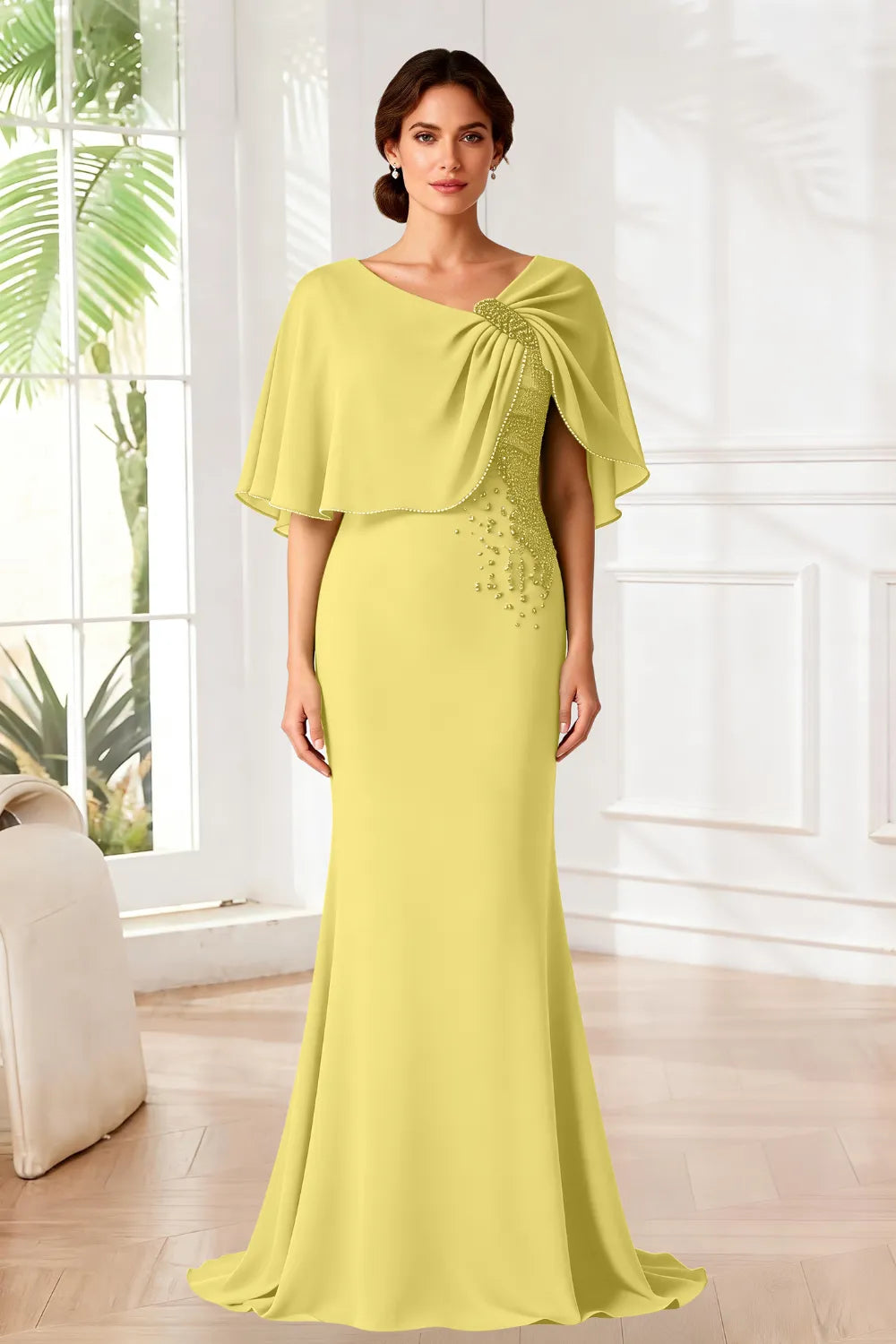 Elara Beaded Cape Mermaid Evening Gown