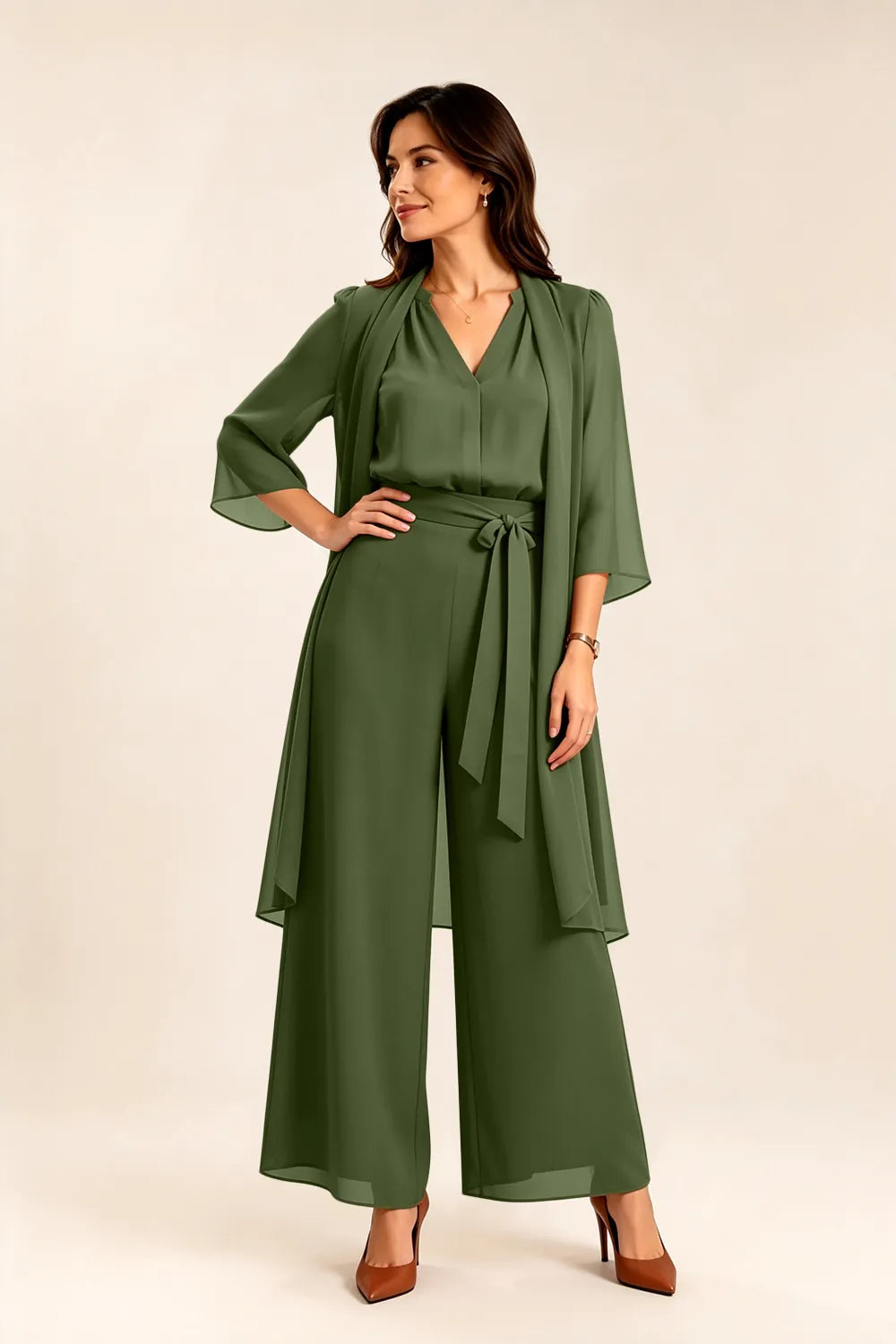Tie-Waist Chiffon Pant Suit