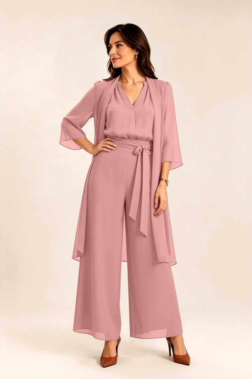 Tie-Waist Chiffon Pant Suit