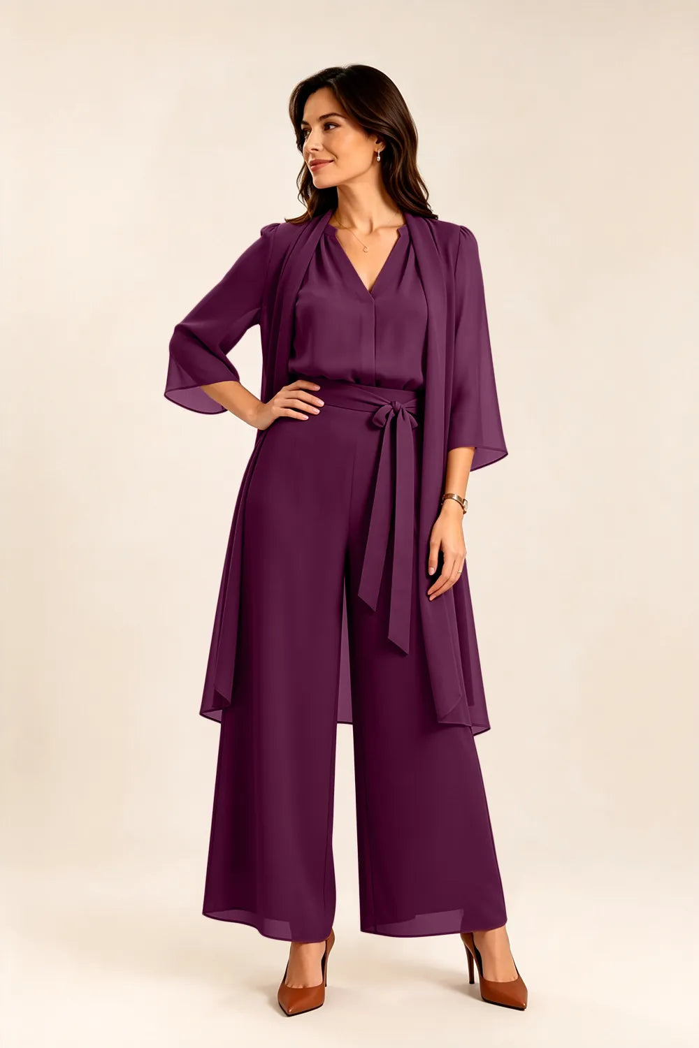 Tie-Waist Chiffon Pant Suit