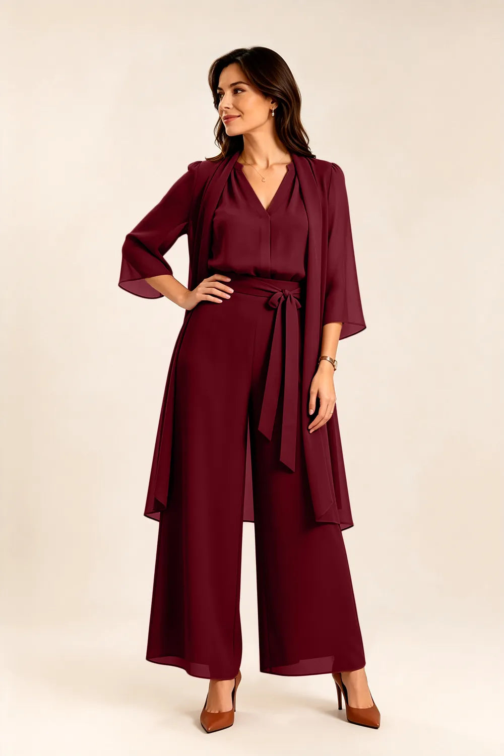 Tie-Waist Chiffon Pant Suit