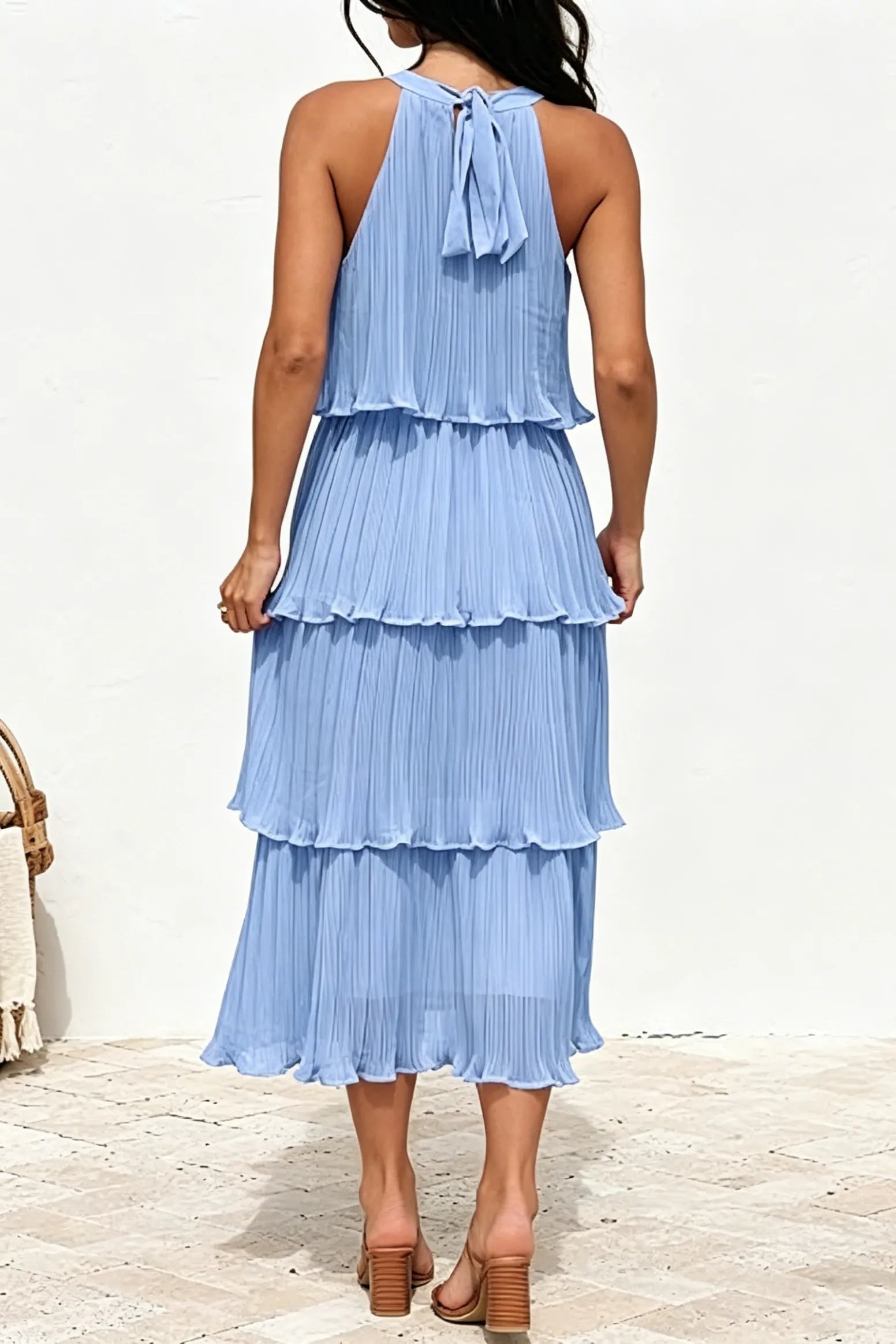 Summer Flowy Pleated Tiered Chiffon Midi Dress