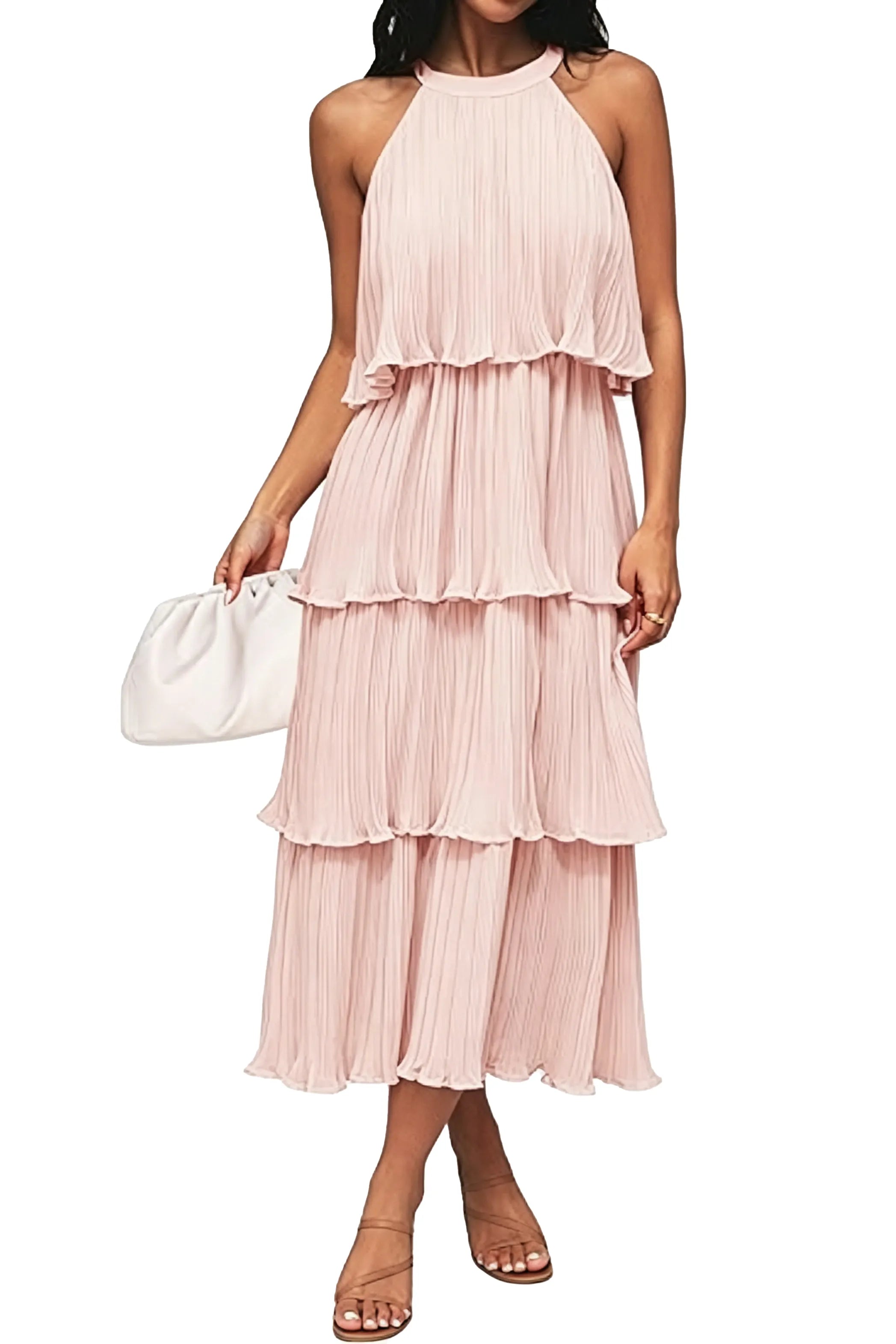 Summer Flowy Pleated Tiered Chiffon Midi Dress