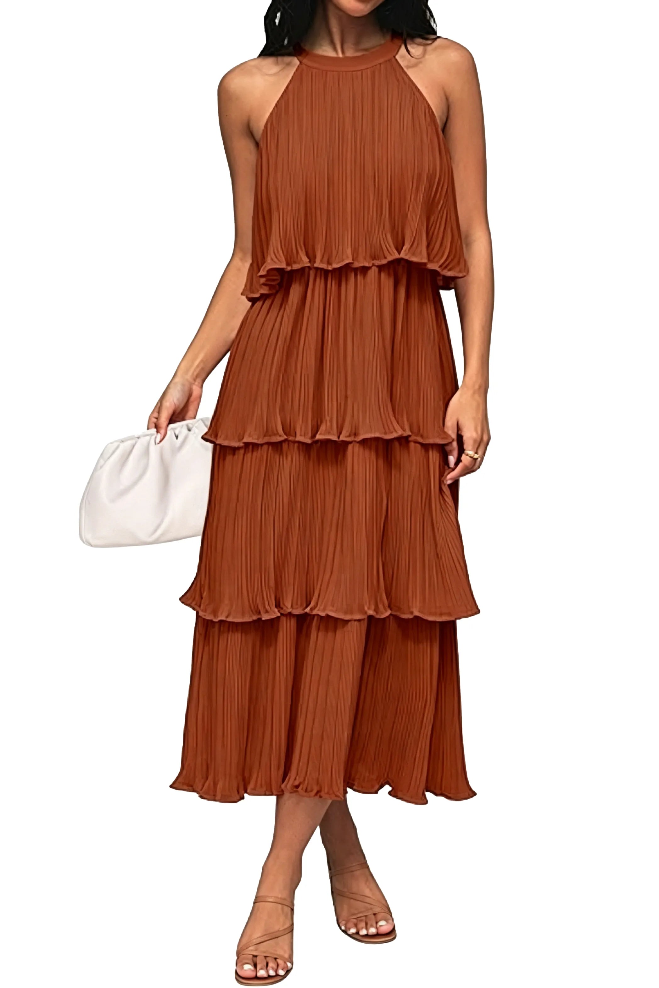 Summer Flowy Pleated Tiered Chiffon Midi Dress