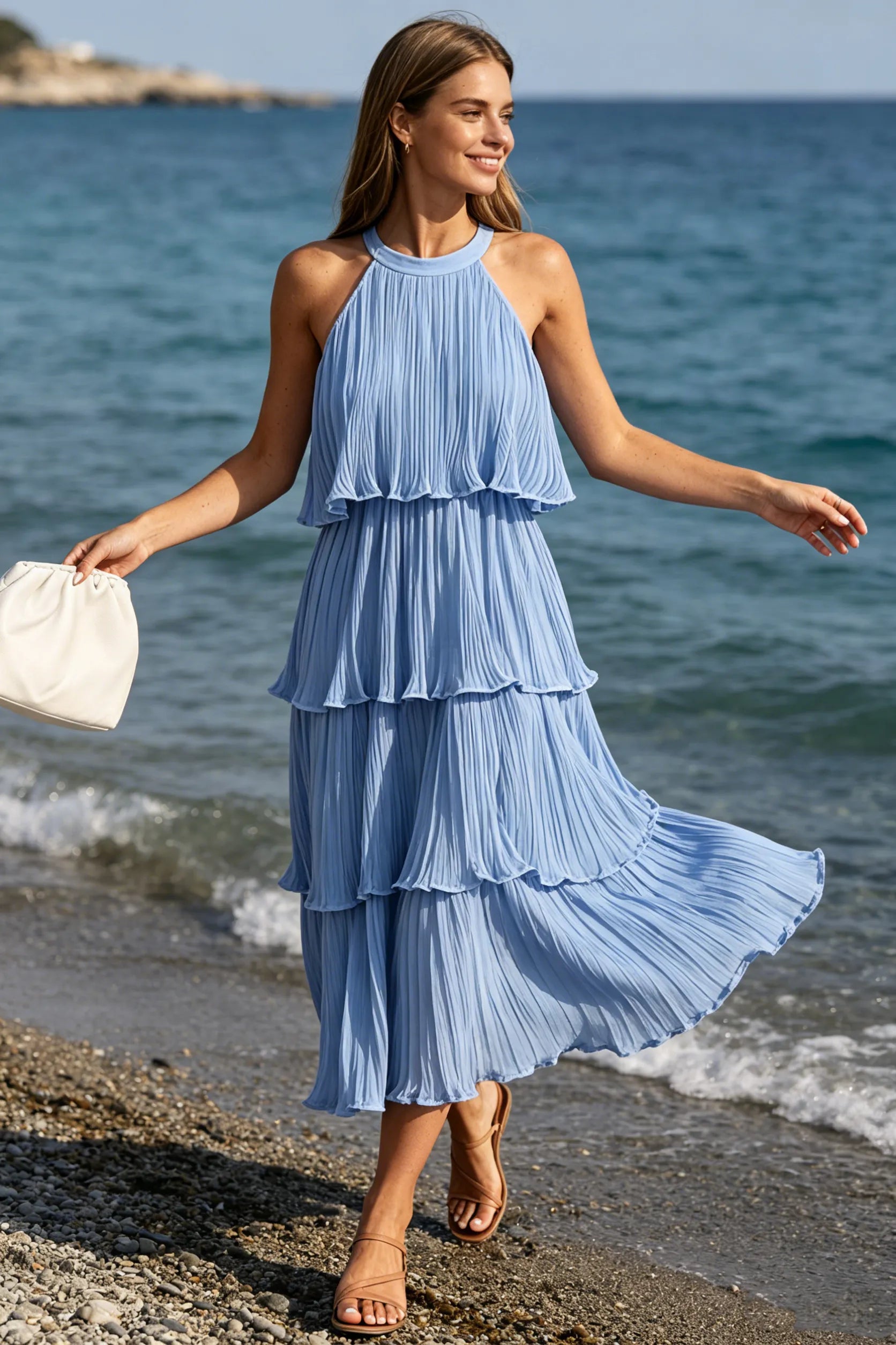 Summer Flowy Pleated Tiered Chiffon Midi Dress