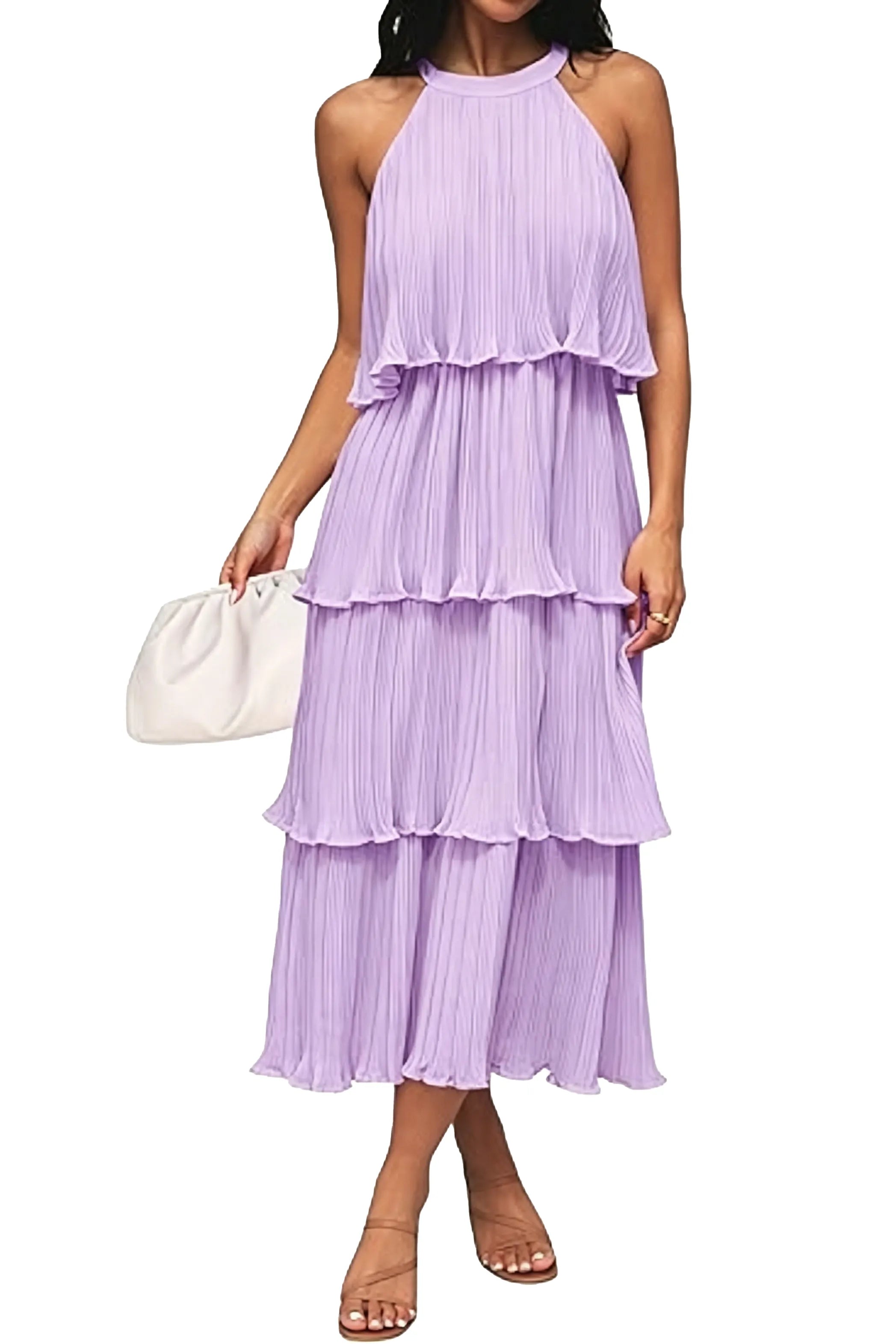 Summer Flowy Pleated Tiered Chiffon Midi Dress