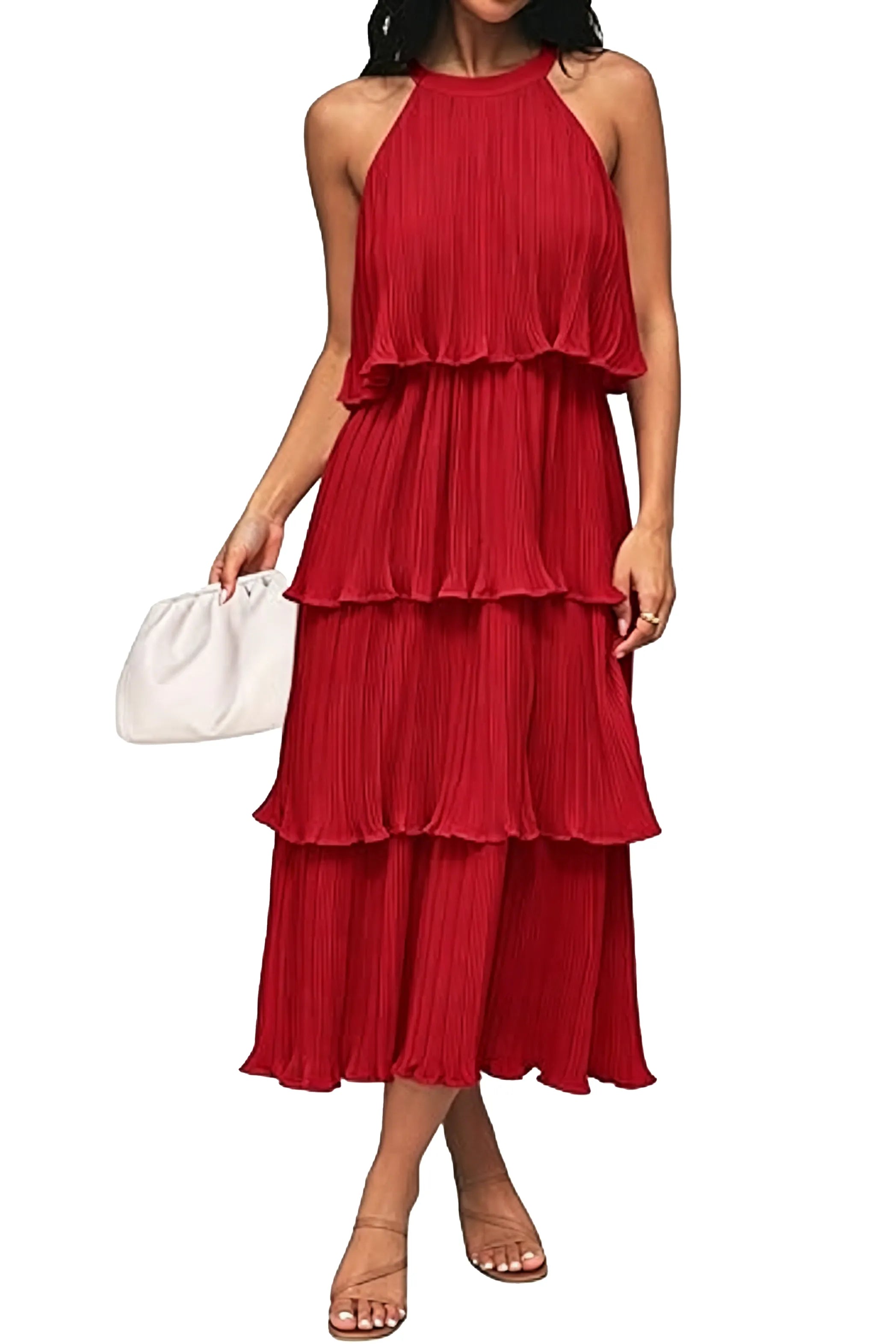 Summer Flowy Pleated Tiered Chiffon Midi Dress