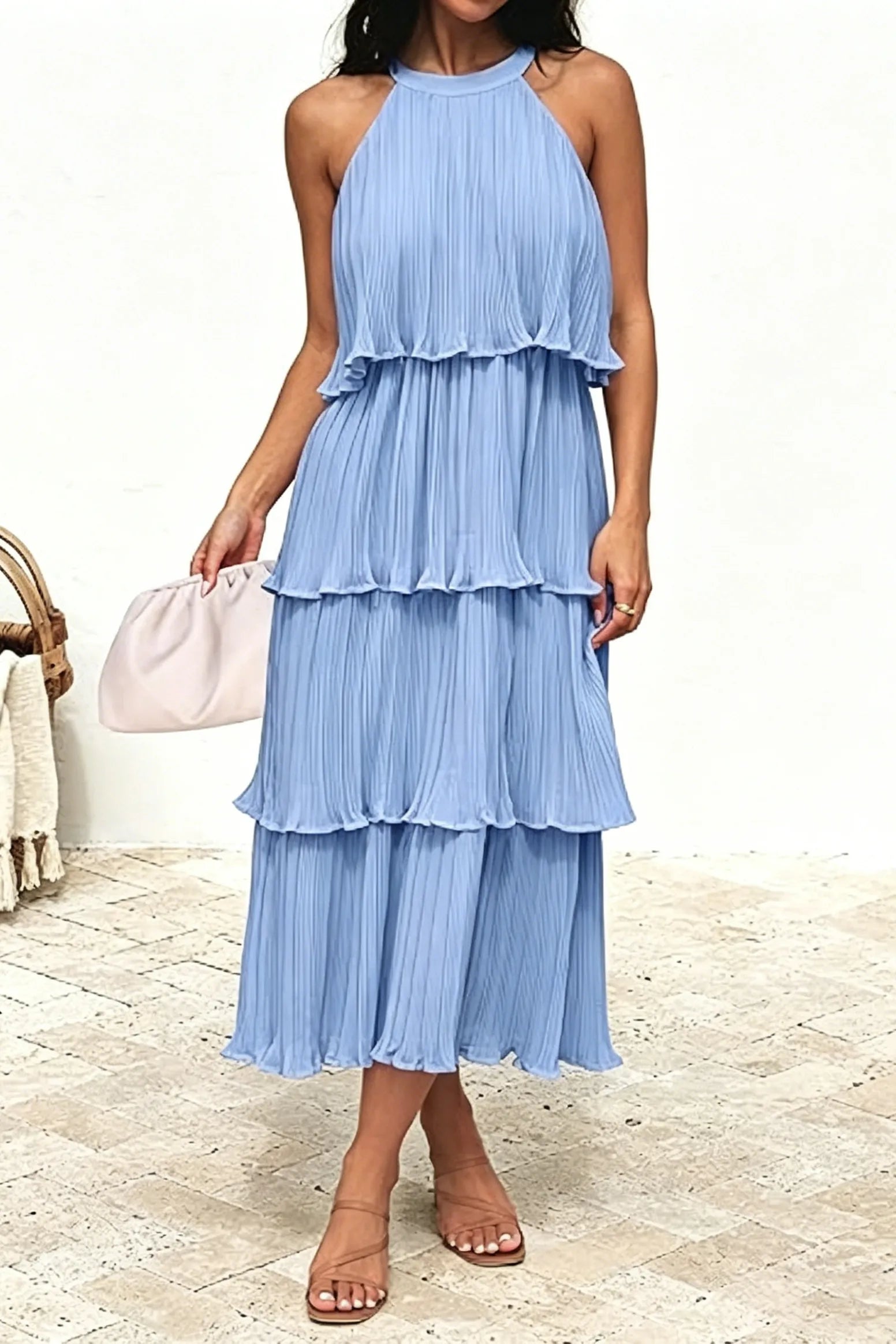 Summer Flowy Pleated Tiered Chiffon Midi Dress