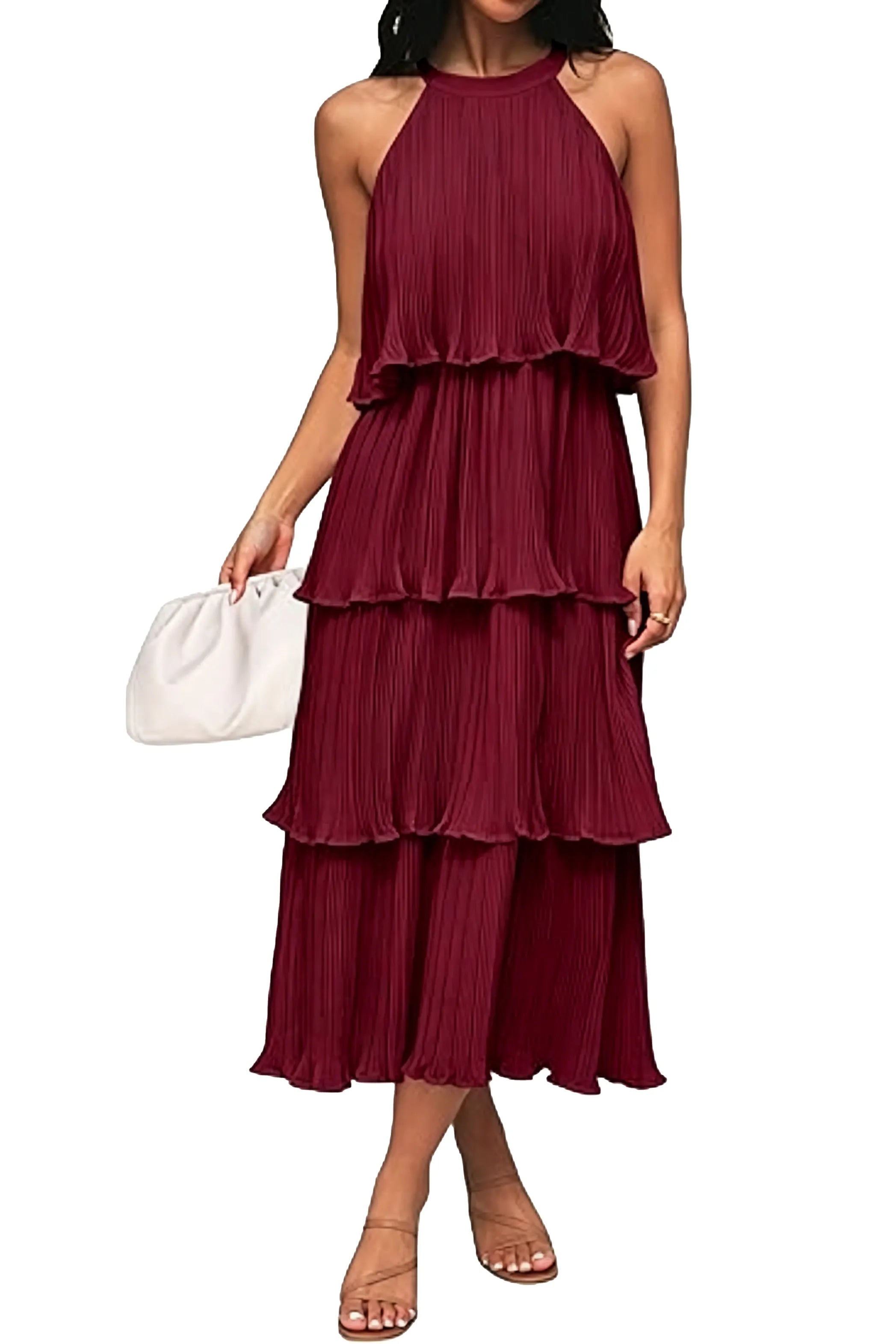 Summer Flowy Pleated Tiered Chiffon Midi Dress