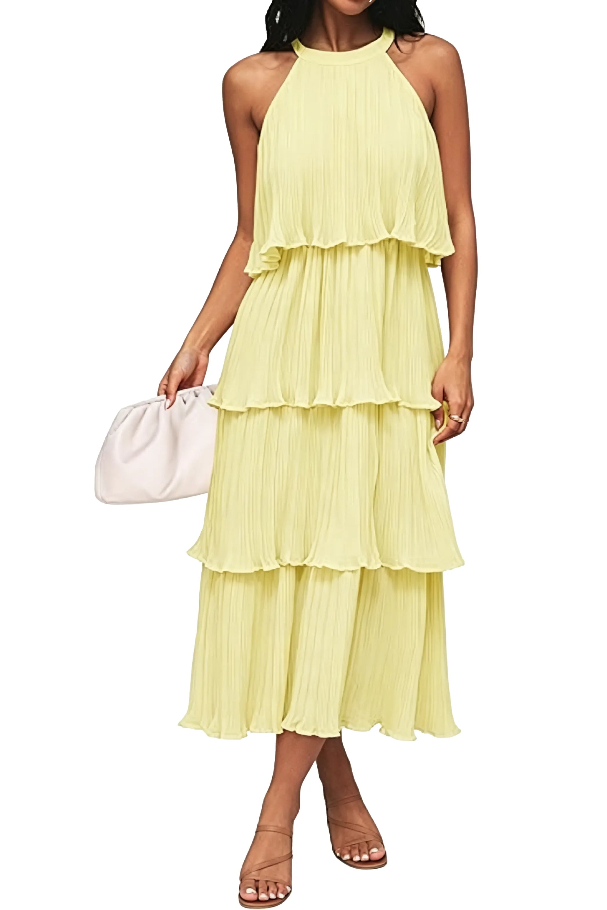 Summer Flowy Pleated Tiered Chiffon Midi Dress