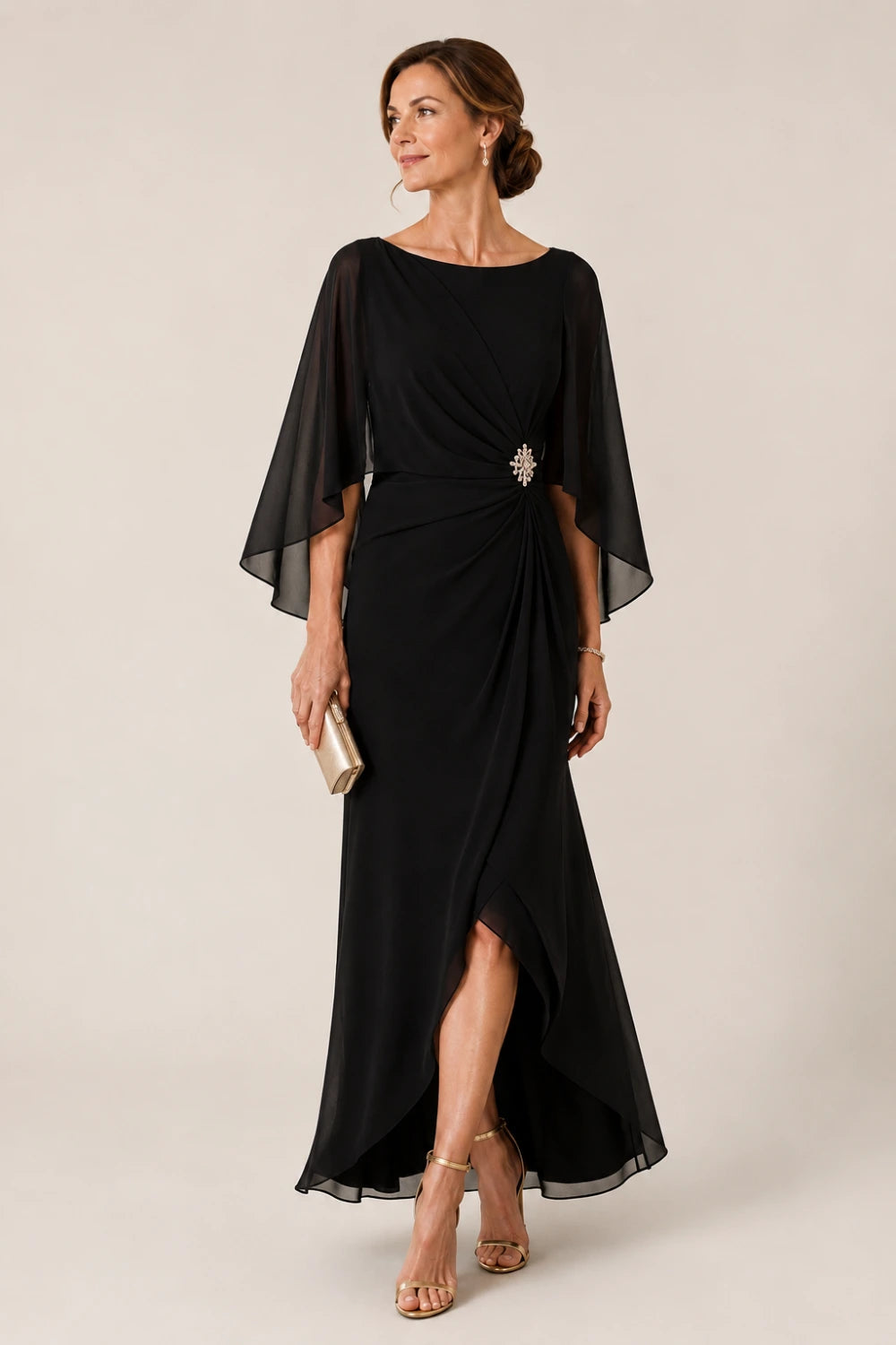Chiffon Cape Sleeve Wrap Formal Dress with Brooch