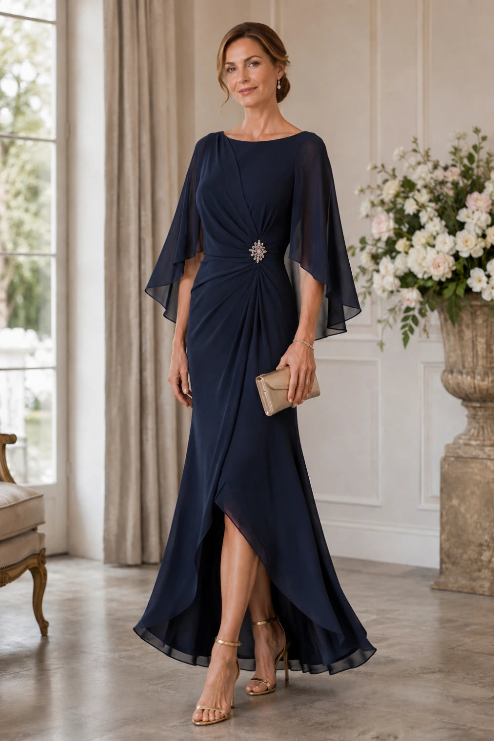 Chiffon Cape Sleeve Wrap Formal Dress with Brooch
