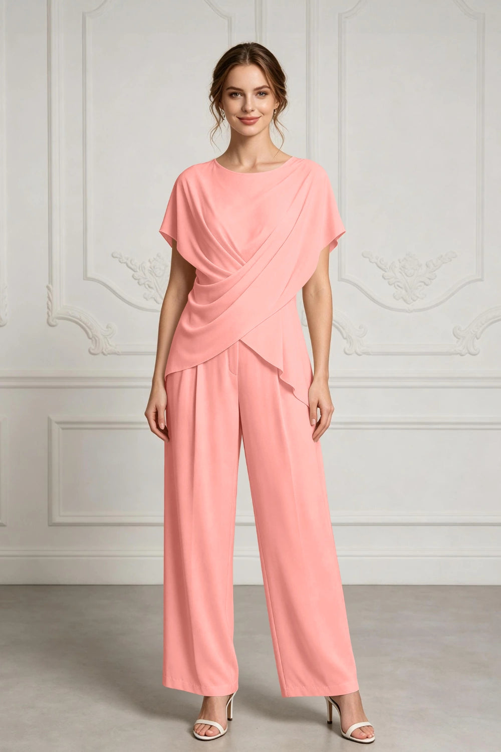 Champagne Draped Chiffon Two-Piece Mother of the Bride Pant Suit
