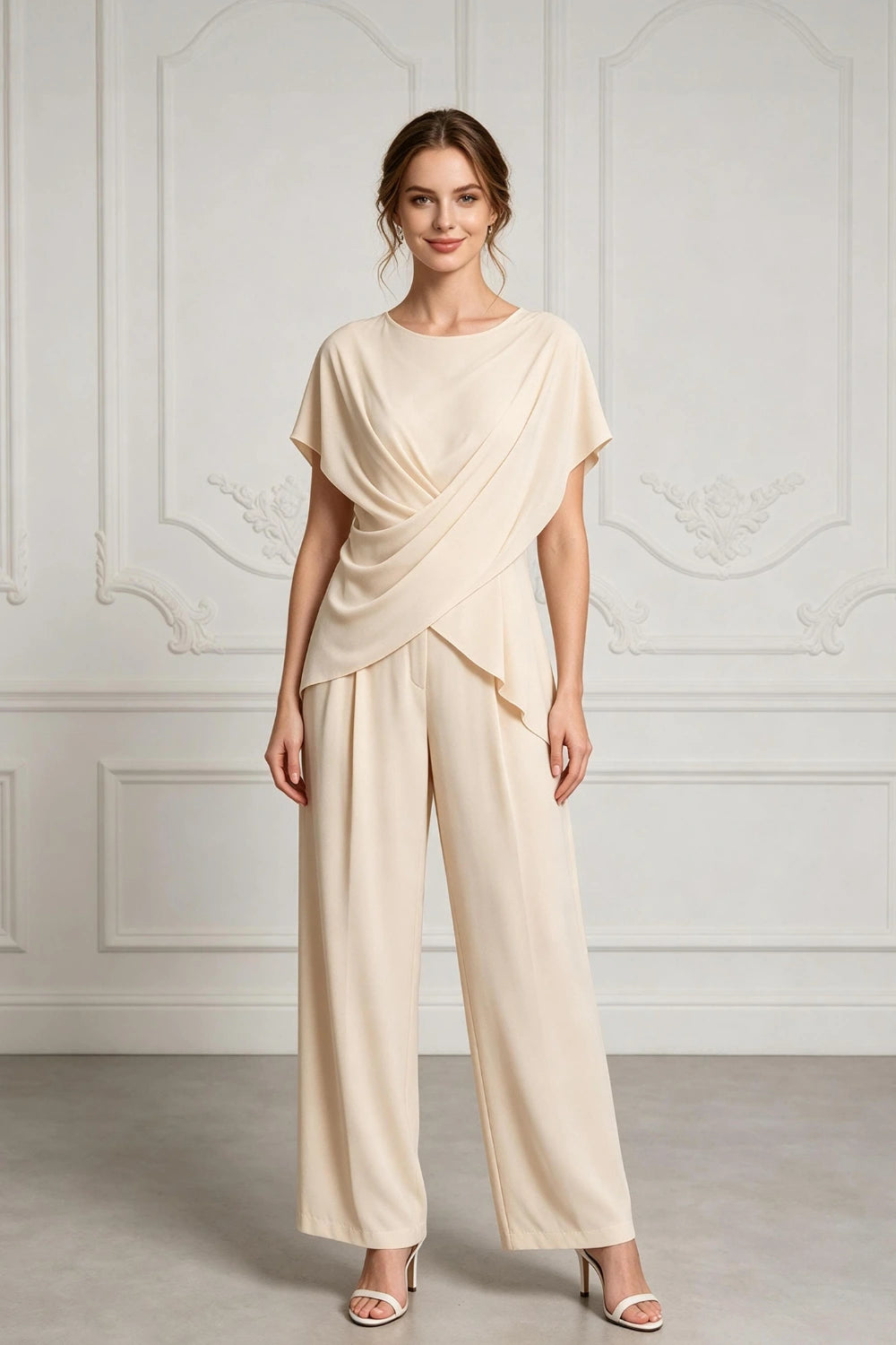 Champagne Draped Chiffon Two-Piece Mother of the Bride Pant Suit