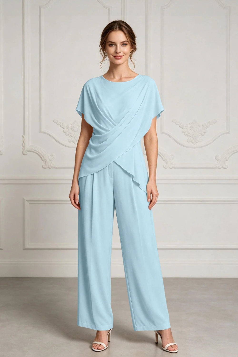 Champagne Draped Chiffon Two-Piece Mother of the Bride Pant Suit