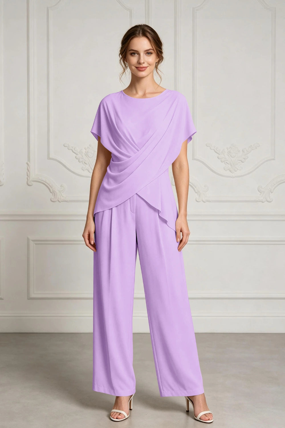 Champagne Draped Chiffon Two-Piece Mother of the Bride Pant Suit