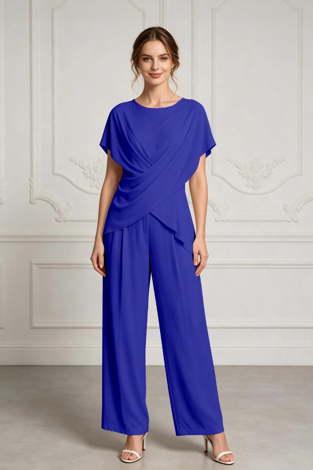 Champagne Draped Chiffon Two-Piece Mother of the Bride Pant Suit