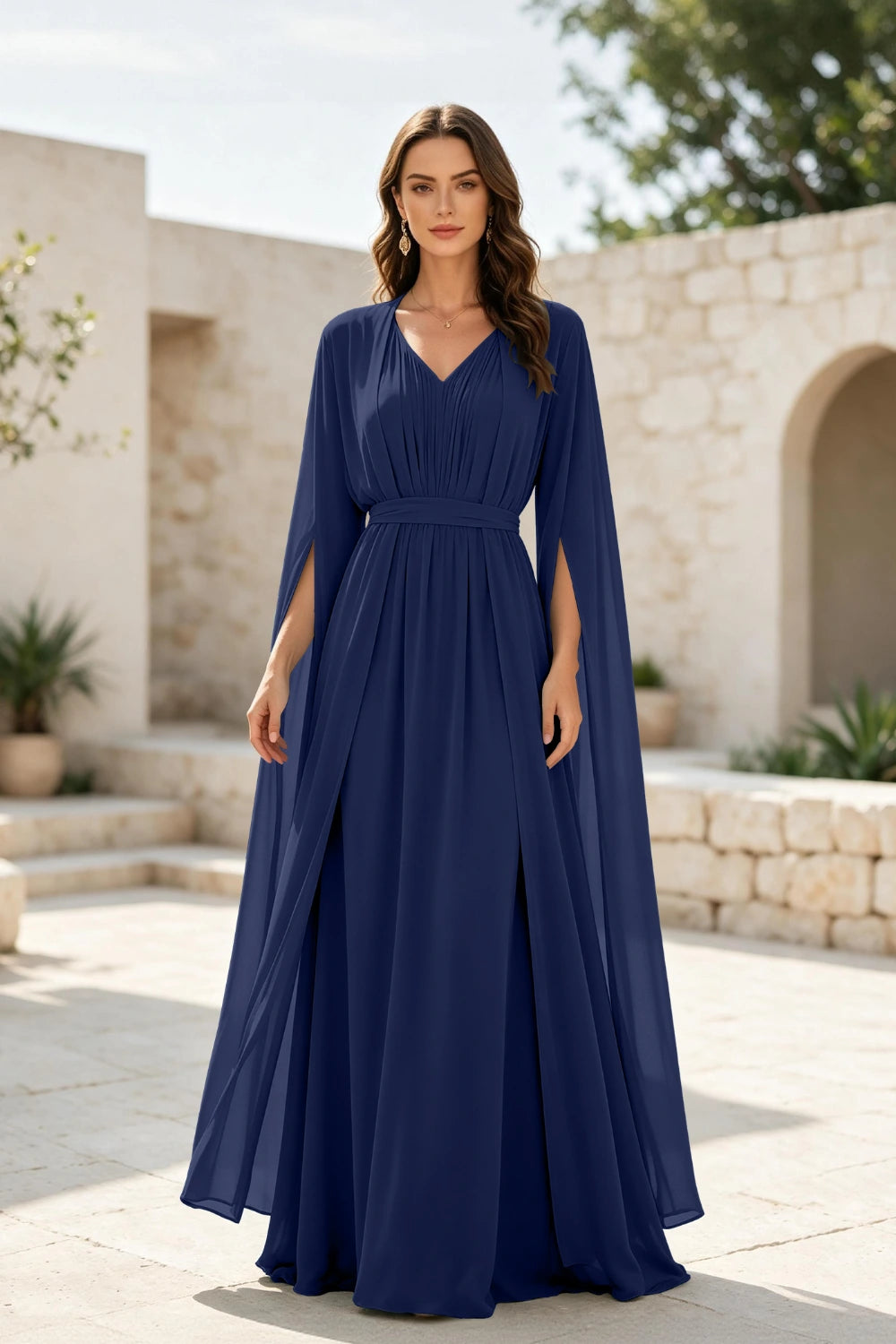 Sage Beaded Cape-Sleeve Chiffon A-Line Mother of the Bride Gown