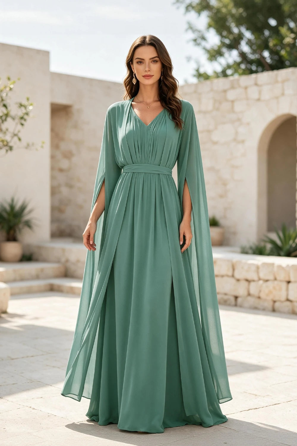 Sage Beaded Cape-Sleeve Chiffon A-Line Mother of the Bride Gown