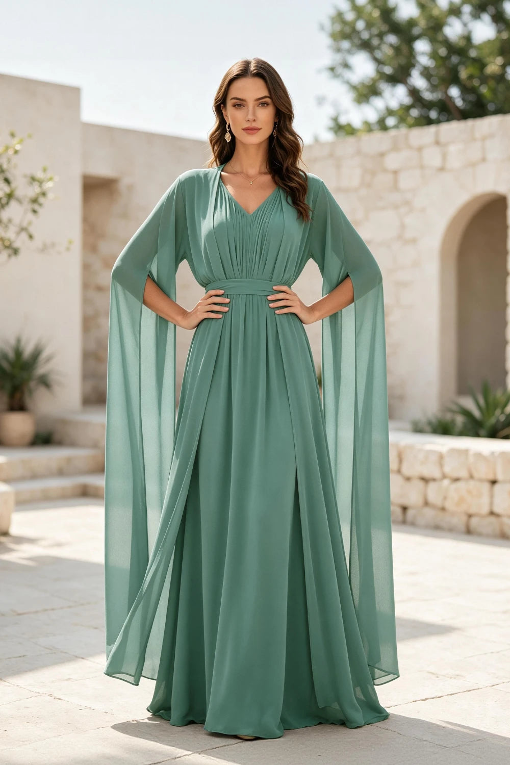 Sage Beaded Cape-Sleeve Chiffon A-Line Mother of the Bride Gown