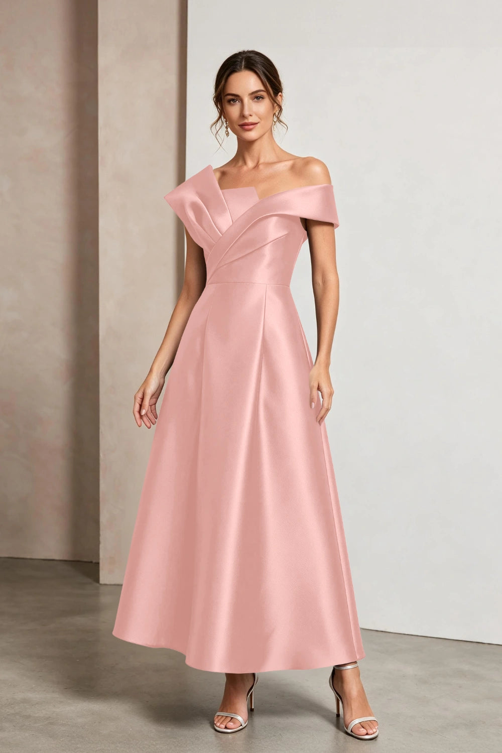Sculptural Off-Shoulder Satin Midi A-Line Mother of the Bride Dress