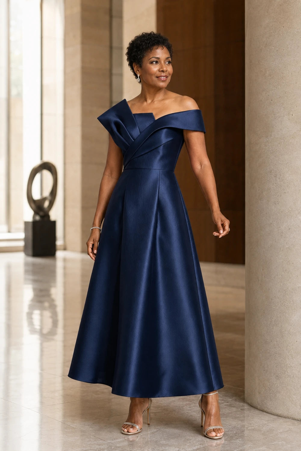 Sculptural Off-Shoulder Satin Midi A-Line Mother of the Bride Dress