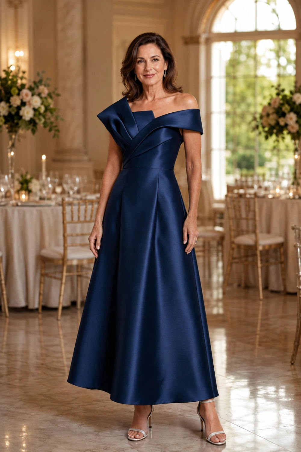Sculptural Off-Shoulder Satin Midi A-Line Mother of the Bride Dress