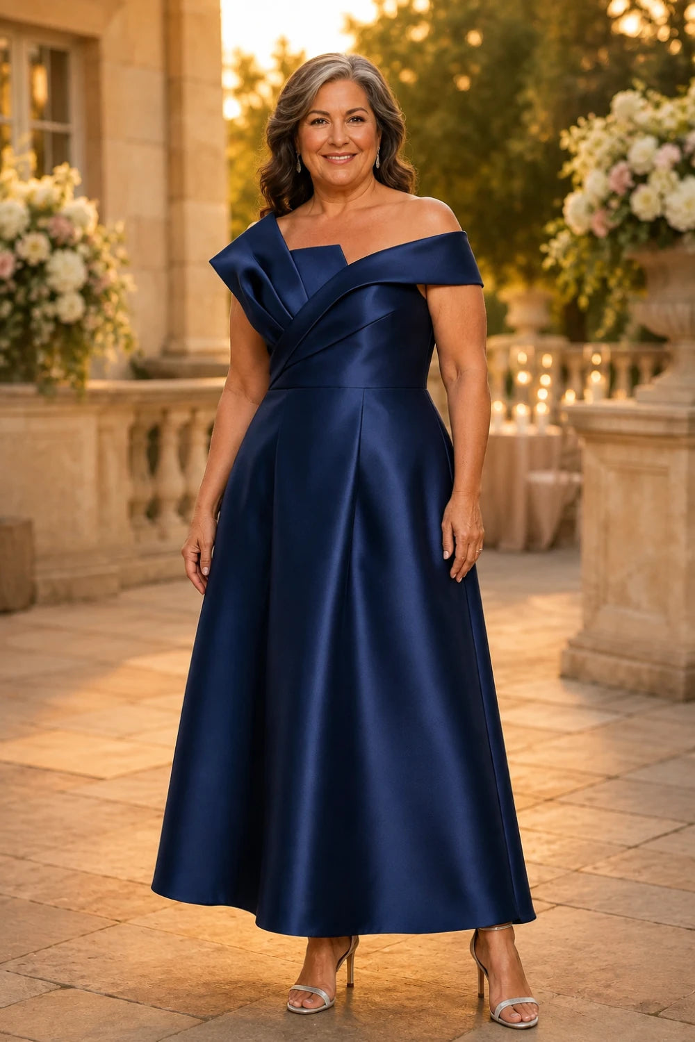 Sculptural Off-Shoulder Satin Midi A-Line Mother of the Bride Dress