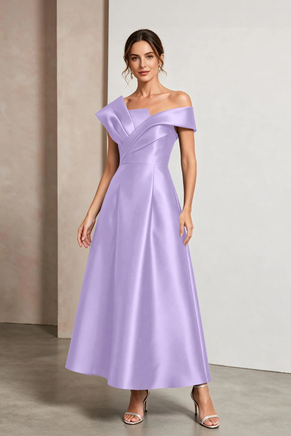 Sculptural Off-Shoulder Satin Midi A-Line Mother of the Bride Dress